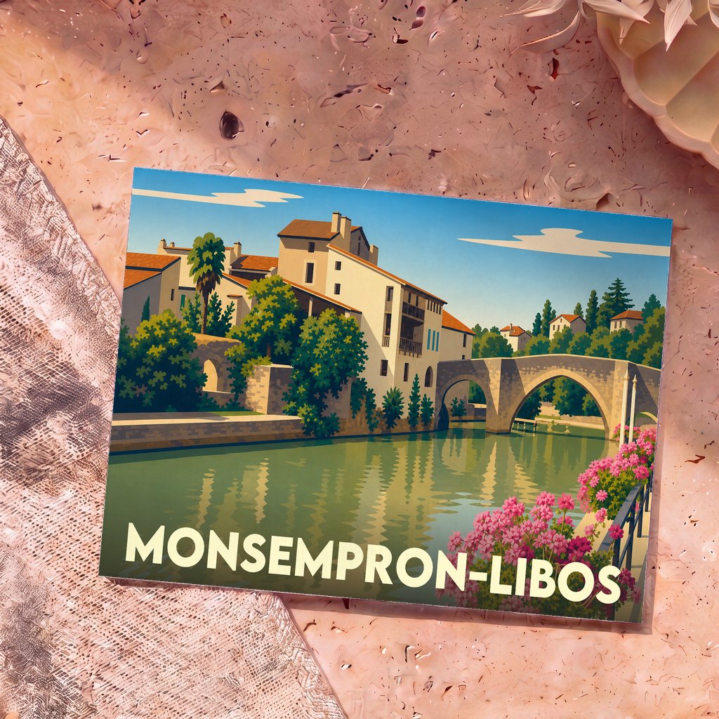 Carte postale souvenir de la ville de Monsempron-Libos avec une illustration stylisée de ses bords de rivière.