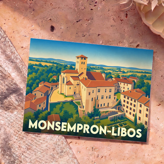 Carte postale souvenir de la ville de Monsempron-Libos avec une illustration stylisée.
