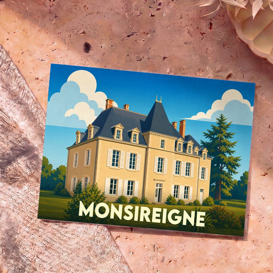 Carte postale souvenir de la ville de Monsireigne illustrant un château stylisé sous un ciel nuageux.