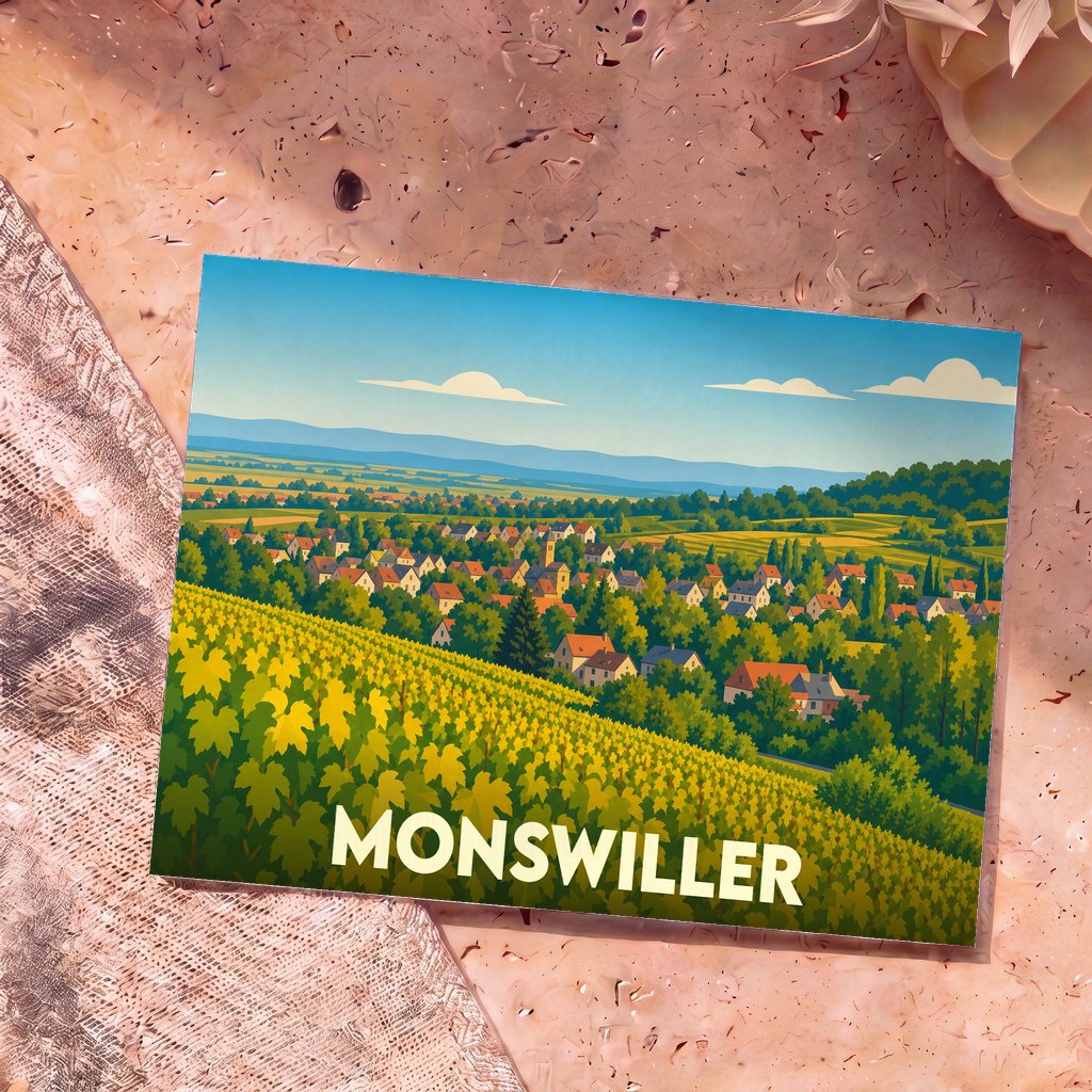 Carte postale souvenir de la ville de Monswiller avec une illustration stylisée de son paysage de vignobles.