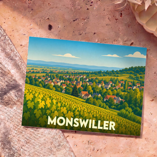 Carte postale souvenir de la ville de Monswiller avec une illustration stylisée de son paysage de vignobles.