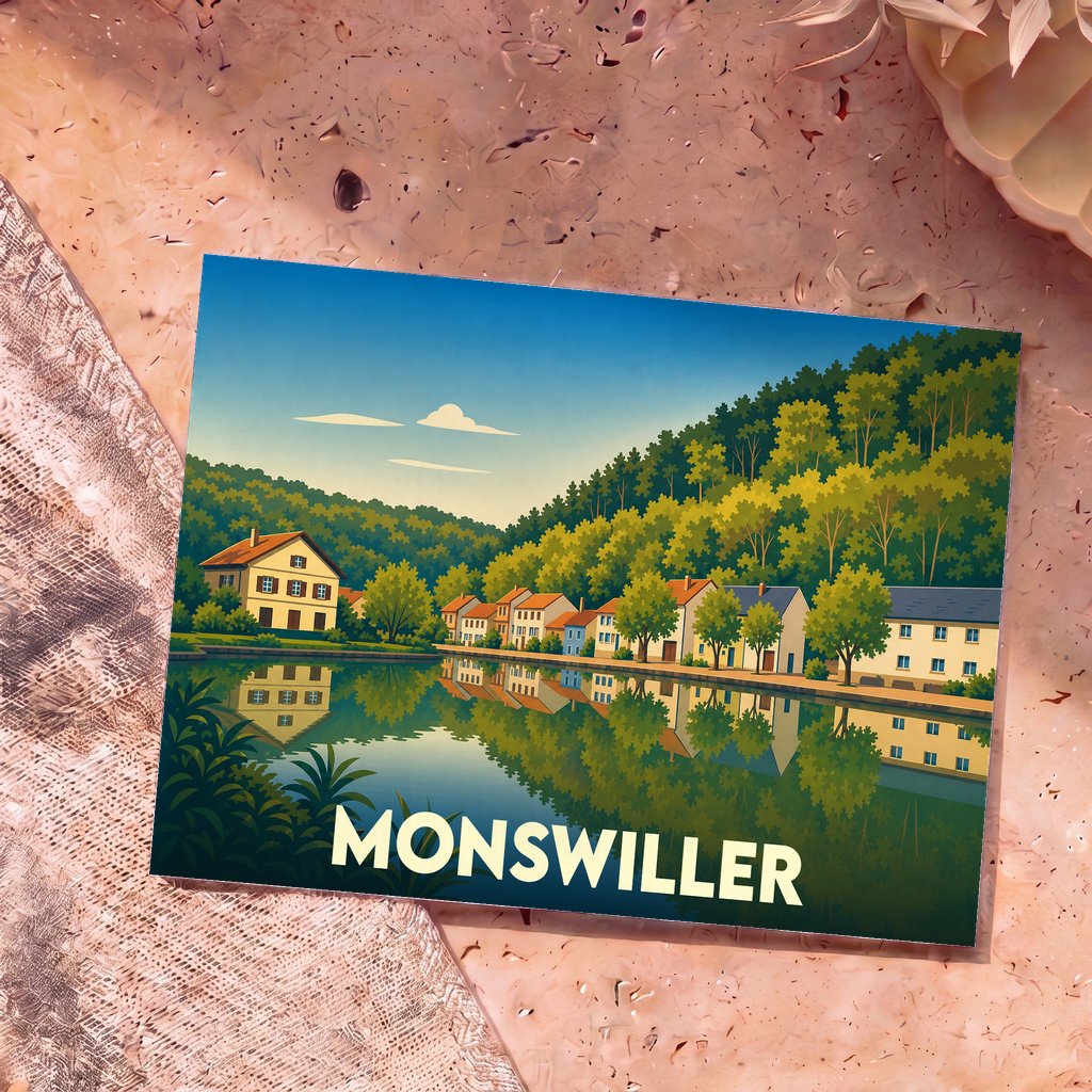 Carte postale souvenir de la ville de Monswiller avec une illustration stylisée d'un village en bord d'eau.