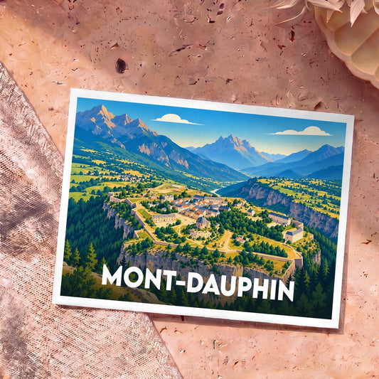 Carte postale souvenir de la ville de Mont-Dauphin avec une illustration stylisée de sa place forte au cœur des montagnes.