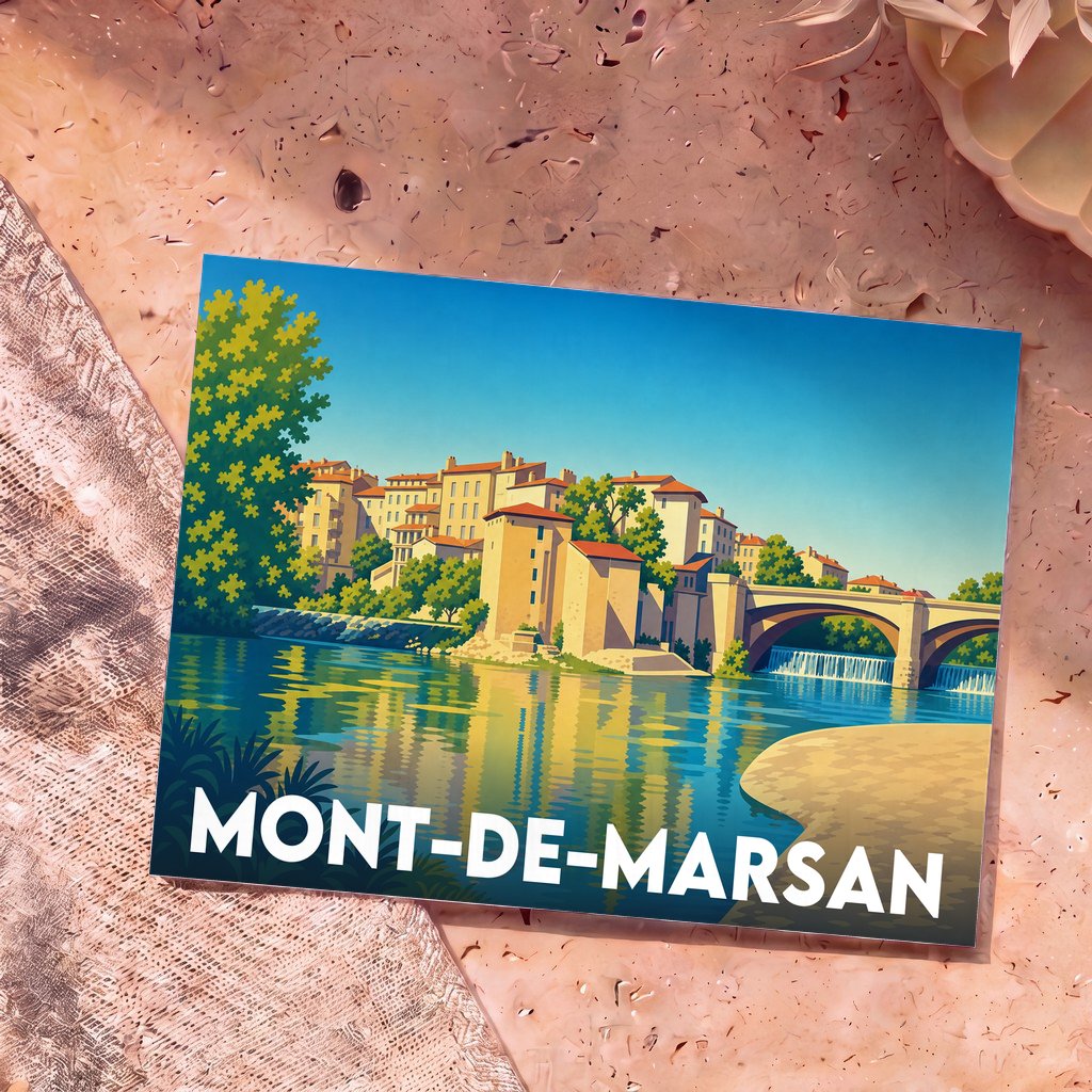 Carte postale souvenir de la ville de Mont-de-Marsan avec une illustration stylisée des bords de la Midouze.