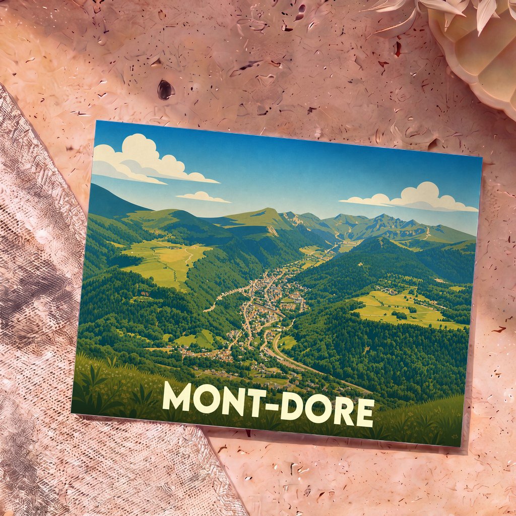 Carte postale souvenir de la ville de Mont-Dore illustrée d'un panorama montagneux verdoyant et stylisé.