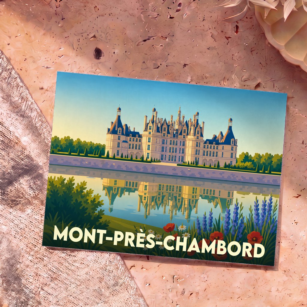 Carte postale souvenir de la ville de Mont-près-Chambord illustrant le château et son reflet sur l'eau dans un style graphique.
