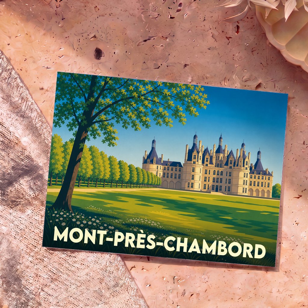 Carte postale souvenir de la ville de Mont-près-Chambord avec une illustration stylisée du château et de son parc.