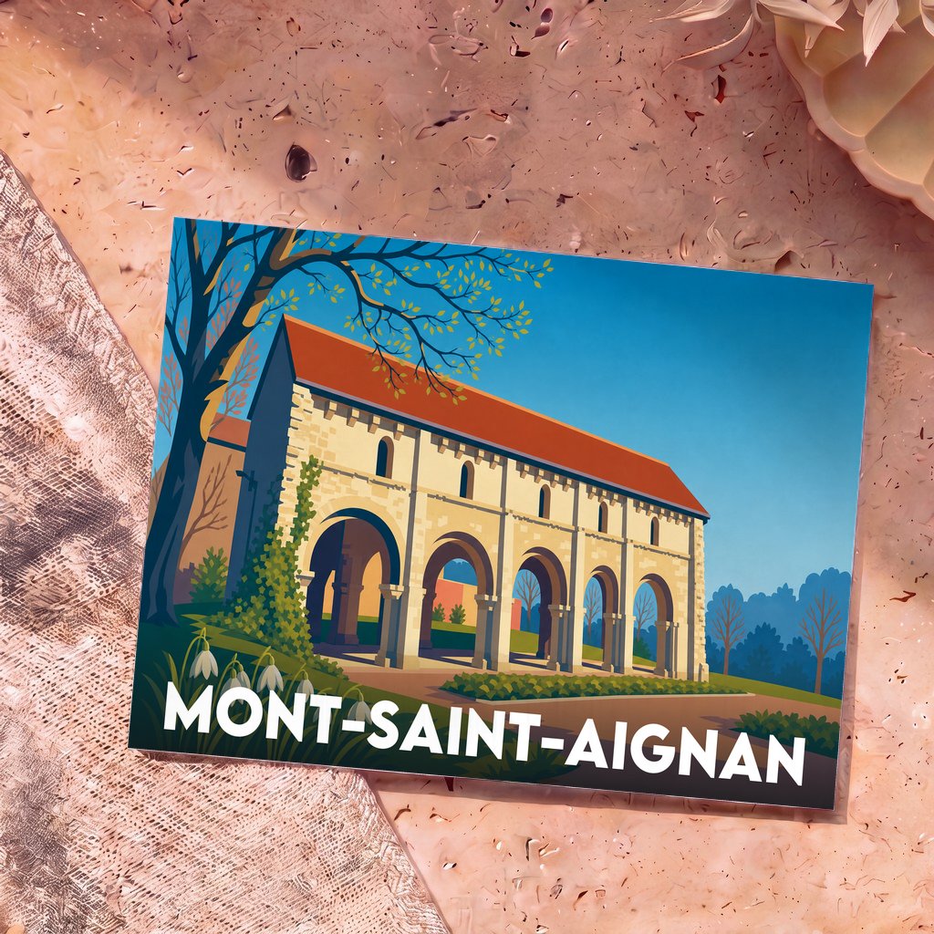 Carte postale souvenir de la ville de Mont-Saint-Aignan avec une illustration stylisée de l'église Saint-Thomas-du-Mont.
