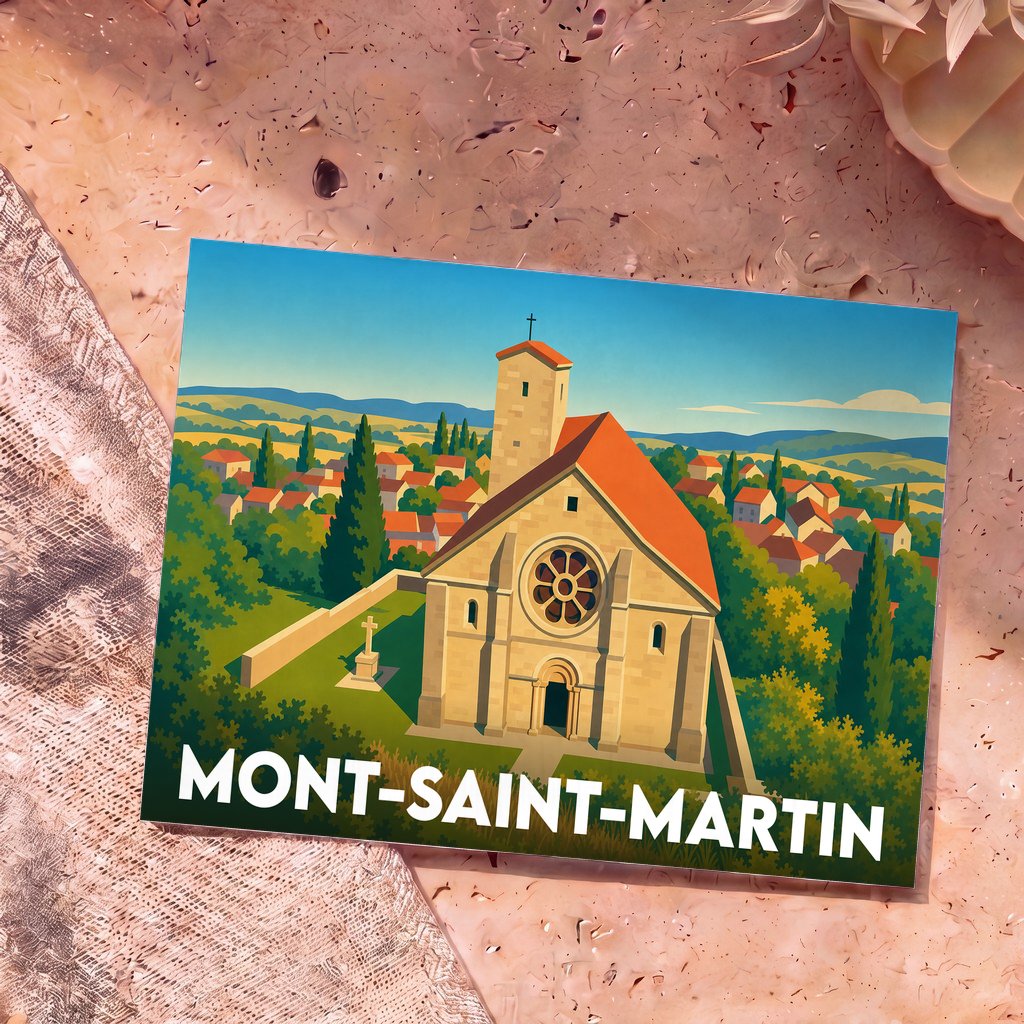 Carte postale souvenir de la ville de Mont-Saint-Martin avec une illustration stylisée d'une église romane surplombant le village.