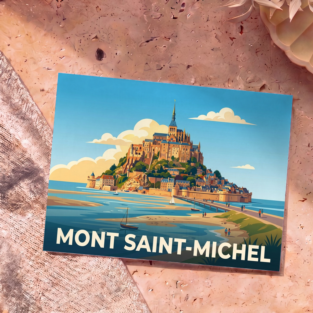 Carte postale souvenir du Mont Saint-Michel arborant une illustration stylisée et colorée de l'abbaye.