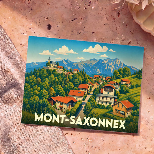Carte postale souvenir de Mont-Saxonnex illustrant le village et ses montagnes dans un style graphique coloré.