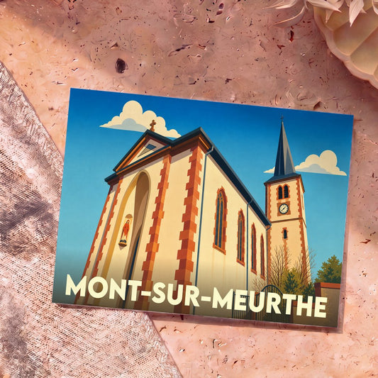 Carte postale souvenir de la ville de Mont-sur-Meurthe avec une illustration stylisée de son église sous un ciel bleu.