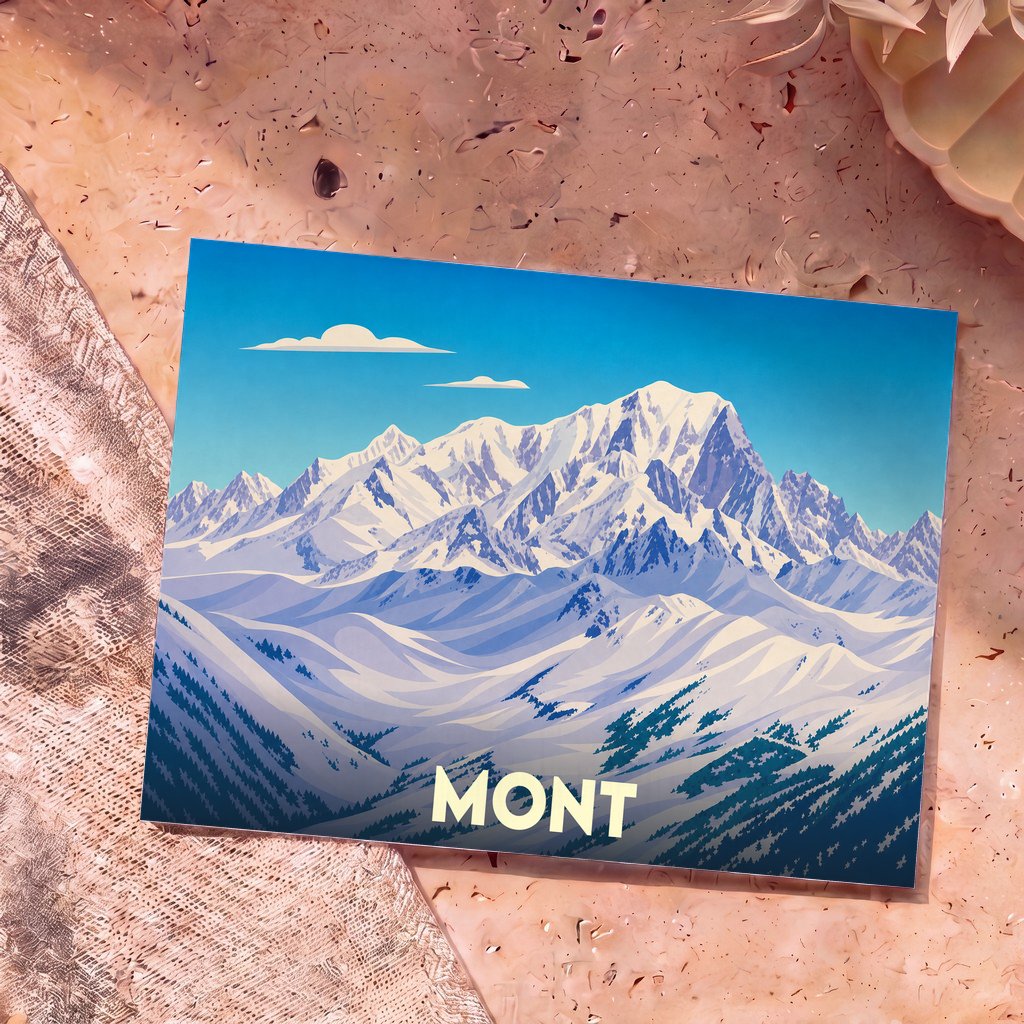 Carte postale souvenir de la ville de Mont avec une illustration stylisée de montagnes enneigées.
