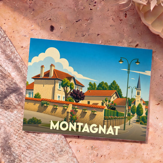 Carte postale souvenir de la ville de Montagnat avec une illustration stylisée.