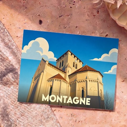 Carte postale souvenir de la ville de Montagne illustrant son église dans un style graphique épuré.
