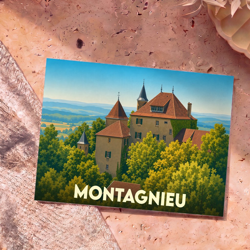 Carte postale souvenir de la ville de Montagnieu illustrant son château niché dans une forêt verdoyante.