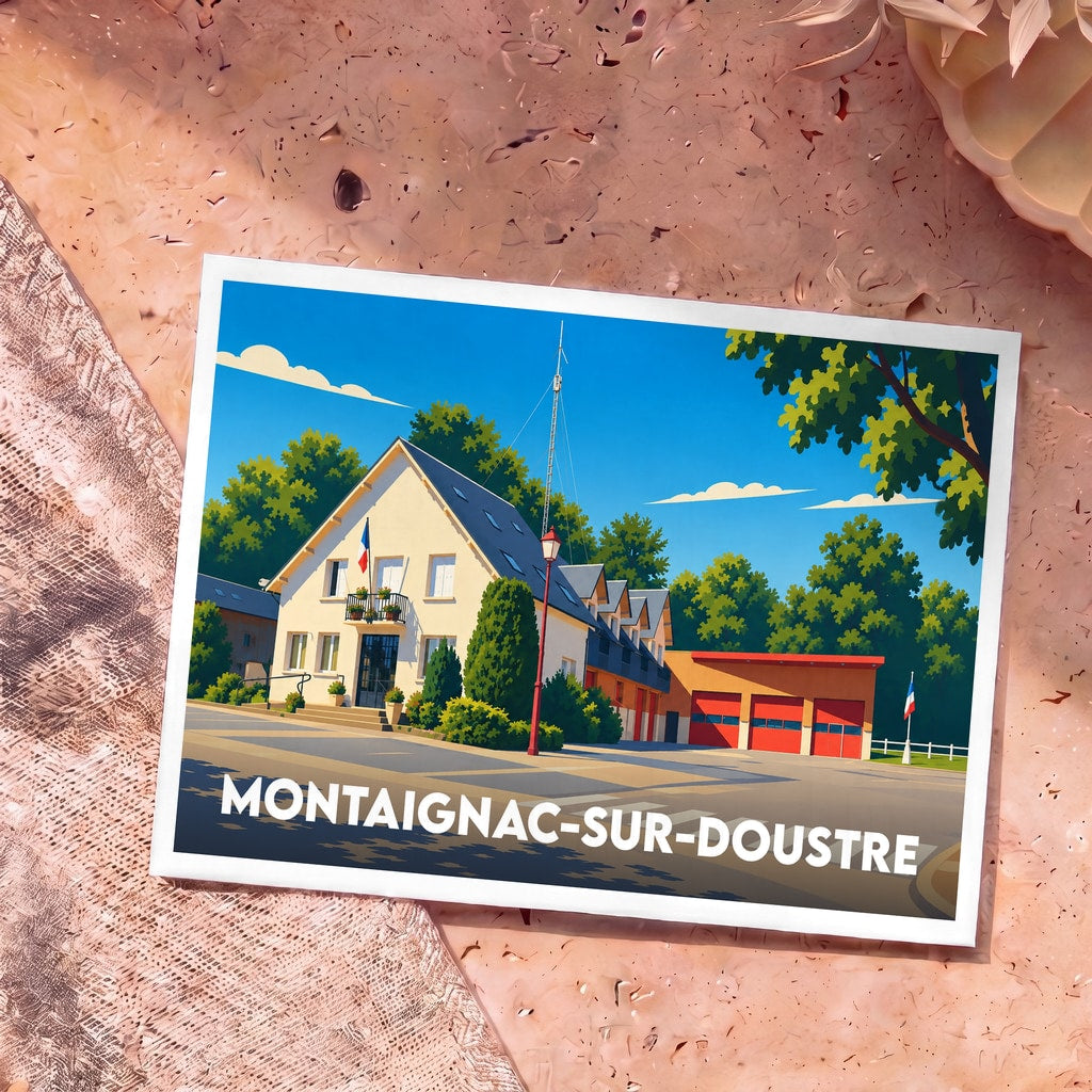 Carte postale souvenir de la ville de Montaignac-sur-Doustre avec une illustration stylisée de sa mairie et de sa caserne de pompiers.