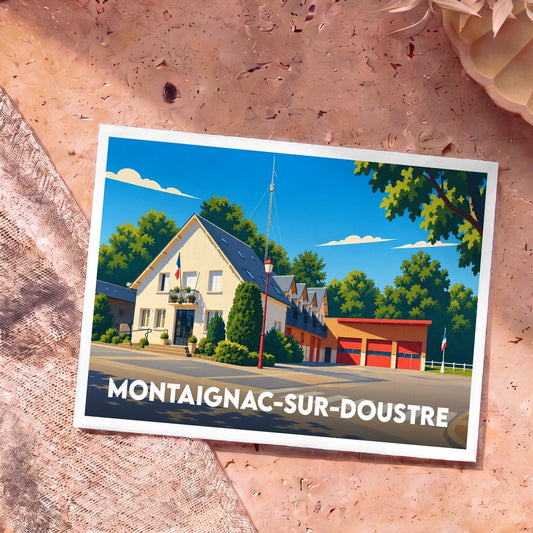 Carte postale souvenir de la ville de Montaignac-sur-Doustre avec une illustration stylisée de sa mairie et de sa caserne de pompiers.