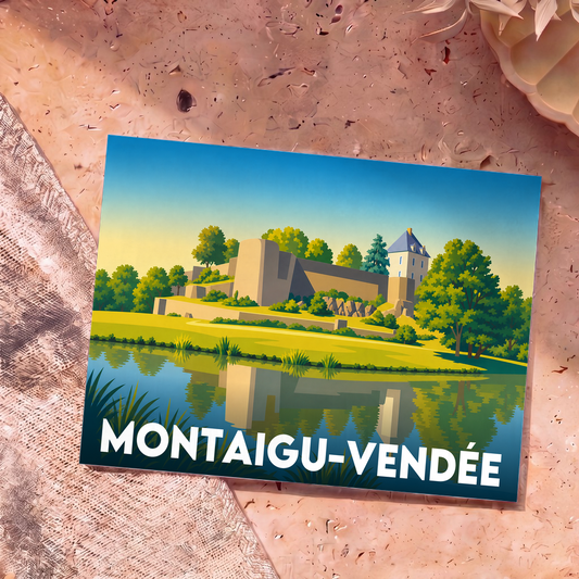 Carte postale souvenir de la ville de Montaigu-Vendée avec une illustration stylisée de son château se reflétant dans l'eau.
