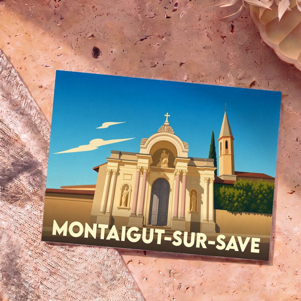 Carte postale souvenir de la ville de Montaigut-sur-Save avec une illustration stylisée de son église sous un ciel bleu.