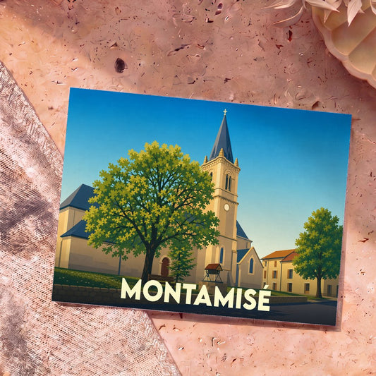 Carte postale souvenir de la ville de Montamisé avec une illustration stylisée de son église et de sa place arborée.
