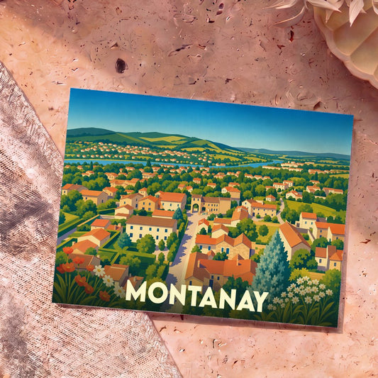 Carte postale souvenir de la ville de Montanay avec une illustration stylisée et colorée.