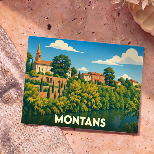 Carte postale souvenir de la ville de Montans avec une illustration stylisée représentant son église et ses habitations au bord de l'eau.