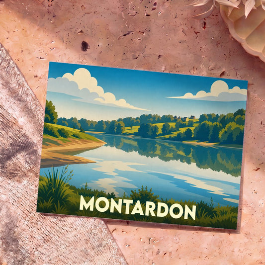 Carte postale souvenir de la ville de Montardon illustrant un paysage de lac et de collines au style graphique épuré.