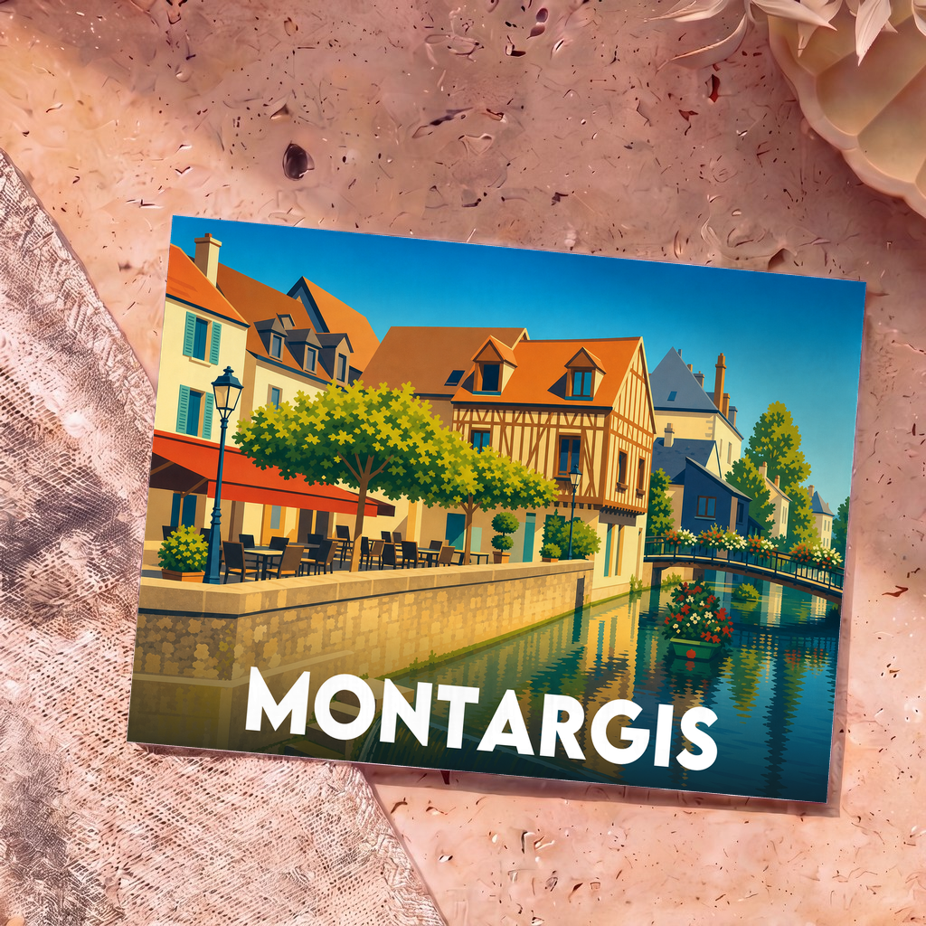 Carte postale souvenir de la ville de Montargis illustrant un canal bordé de maisons à colombages dans un style graphique épuré.