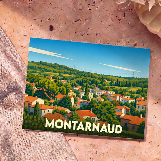 Carte postale souvenir de la ville de Montarnaud avec une illustration stylisée de ses paysages et habitations.