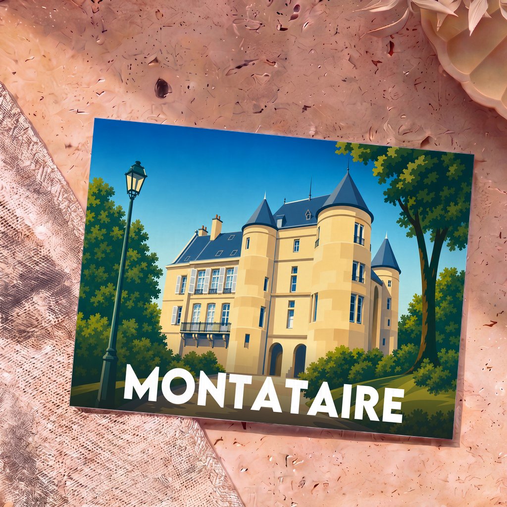 Carte postale souvenir de la ville de Montataire avec une illustration stylisée de son château.