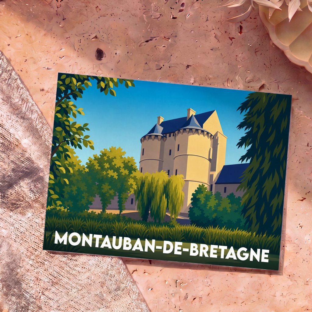 Carte postale souvenir de la ville de Montauban-de-Bretagne avec une illustration stylisée de son château.