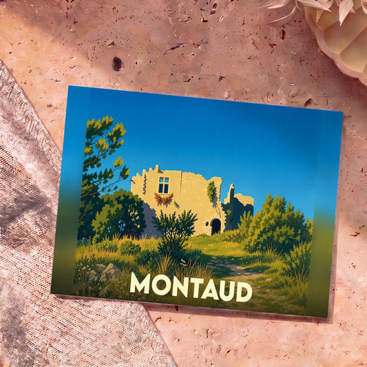 Carte postale souvenir de la ville de Montaud illustrant des ruines anciennes entourées de verdure dans un style graphique épuré.