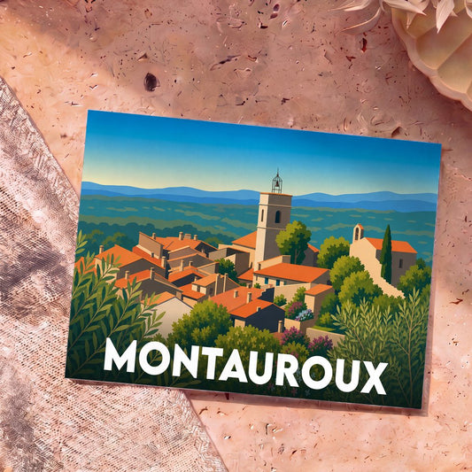 Carte postale souvenir de la ville de Montauroux avec une illustration stylisée de ses toits provençaux et de son clocher.