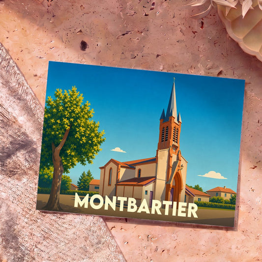 Carte postale souvenir de la ville de Montbartier avec une illustration stylisée de son église.