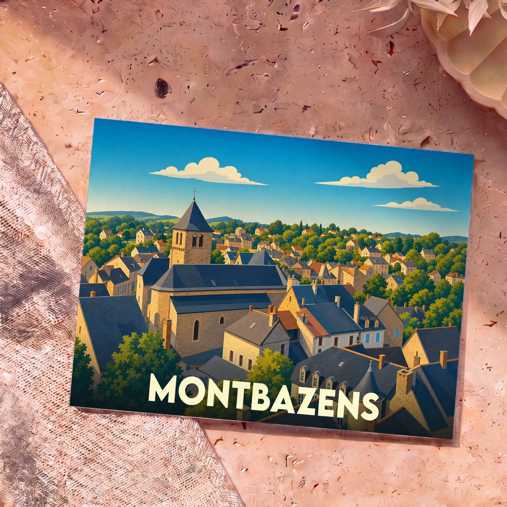 Carte postale souvenir de la ville de Montbazens avec une illustration stylisée.