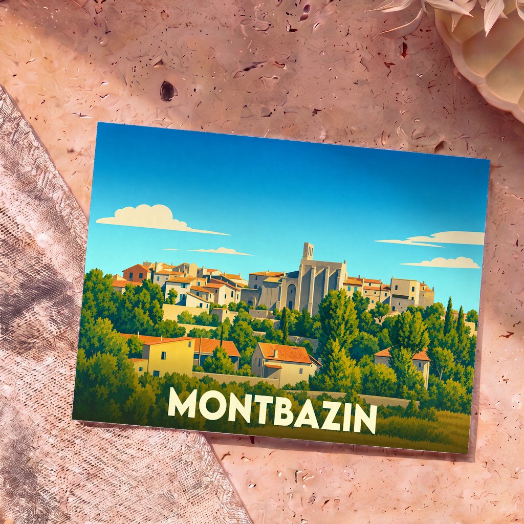 Carte postale souvenir de la ville de Montbazin avec une illustration stylisée et colorée.