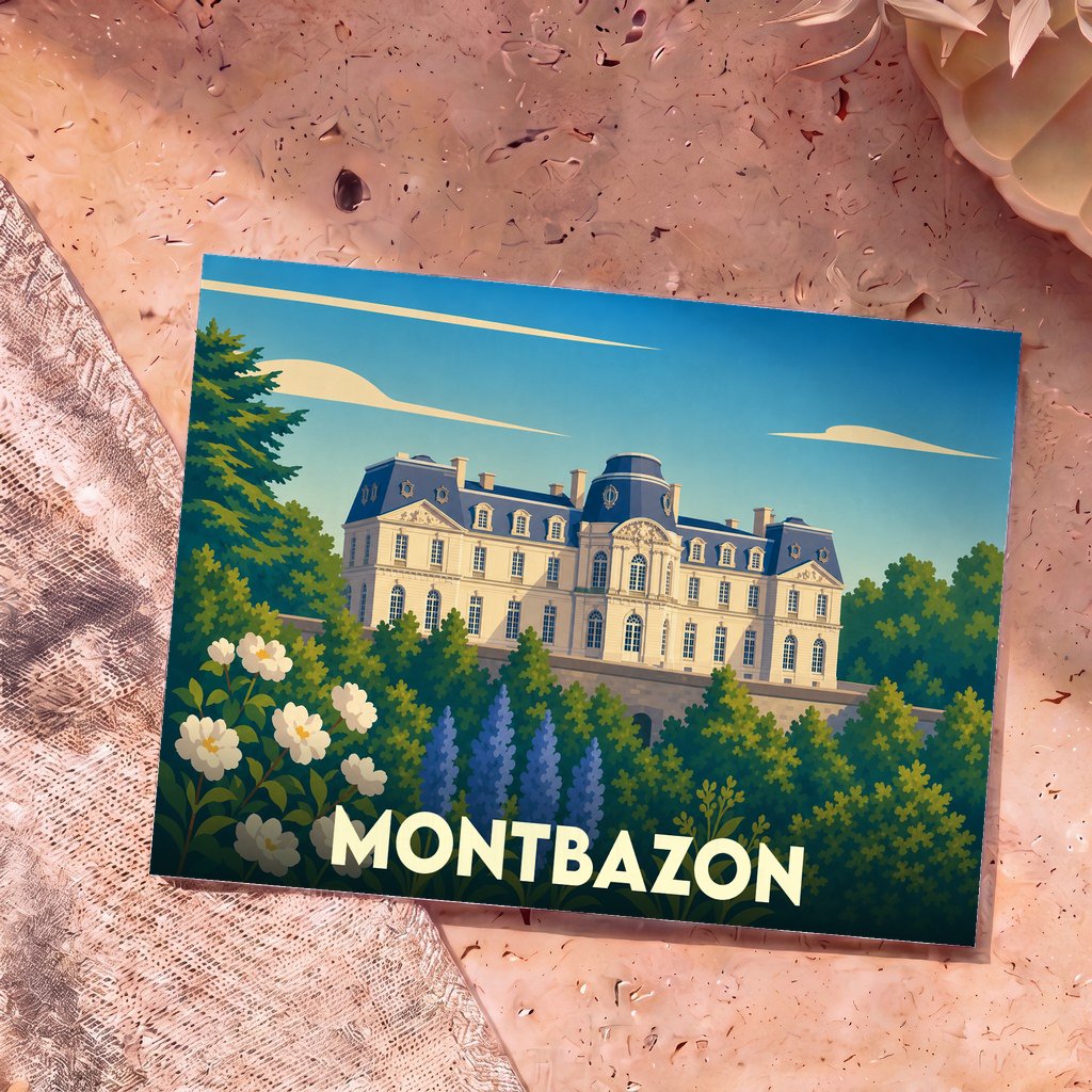 Carte postale souvenir de la ville de Montbazon illustrant un château majestueux dans un style graphique épuré.