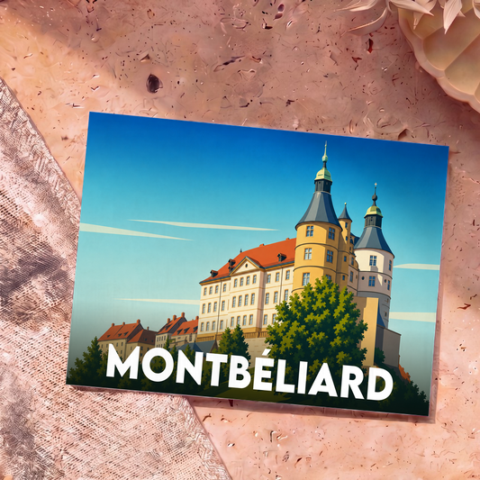 Carte postale souvenir de la ville de Montbéliard avec une illustration stylisée de son château.