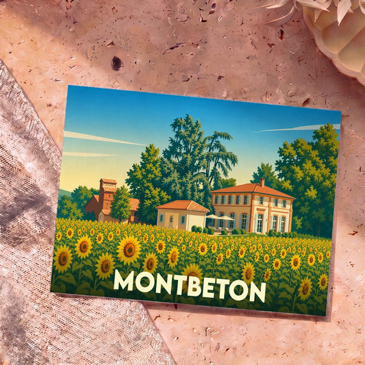 Carte postale souvenir de la ville de Montbeton illustrée d'un champ de tournesols et d'une maison de campagne.