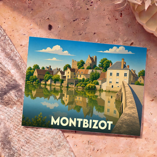 Carte postale souvenir de la ville de Montbizot avec une illustration stylisée d'un village en bord de rivière.