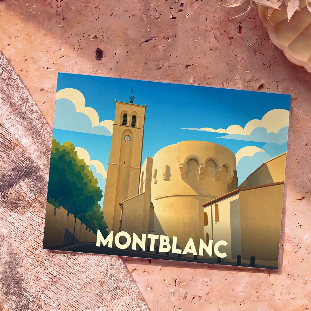 Carte postale souvenir de la ville de Montblanc avec une illustration stylisée de son église fortifiée.