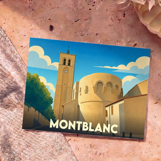 Carte postale souvenir de la ville de Montblanc avec une illustration stylisée de son église fortifiée.