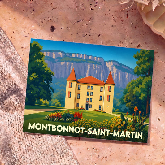 Carte postale souvenir de la ville de Montbonnot-Saint-Martin avec une illustration stylisée d'un château devant une falaise.