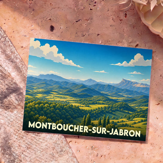 Carte postale souvenir de la ville de Montboucher-sur-Jabron illustrée par un paysage vallonné et ensoleillé.