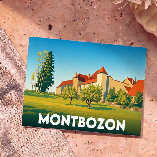 Carte postale souvenir de la ville de Montbozon avec une illustration stylisée.