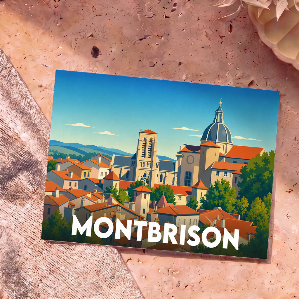Carte postale souvenir de la ville de Montbrison présentant une illustration stylisée de son architecture emblématique sous un ciel bleu.