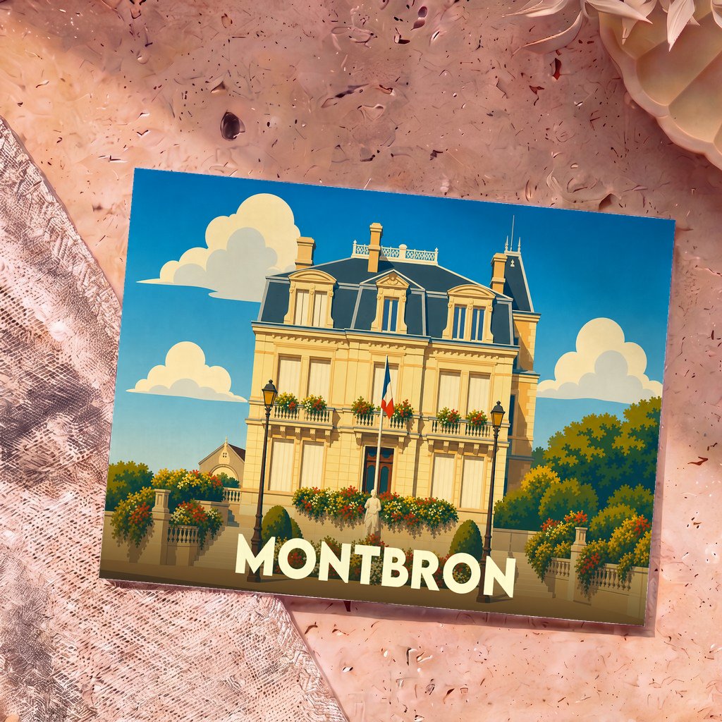 Carte postale souvenir de la ville de Montbron avec une illustration stylisée de l'hôtel de ville.