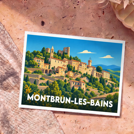 Carte postale souvenir de Montbrun-les-Bains présentant une illustration stylisée du village perché.