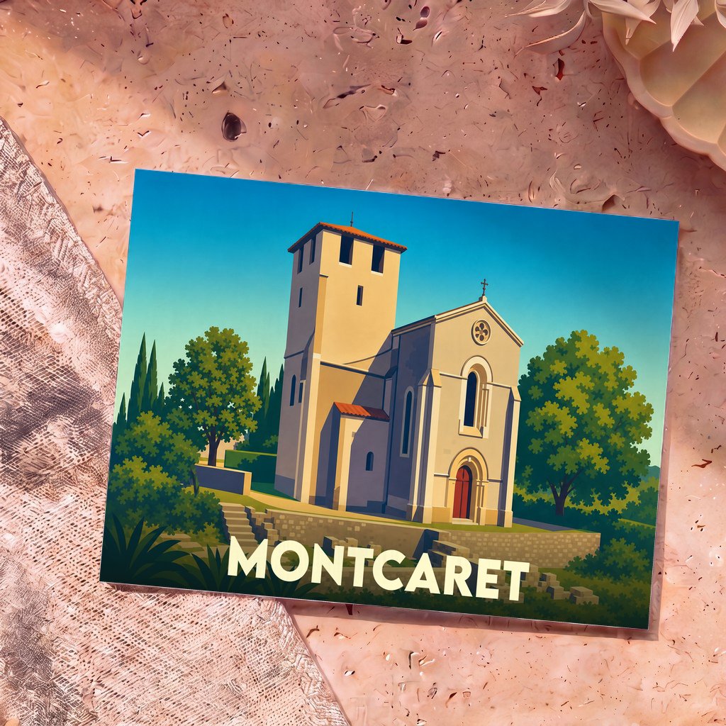 Carte postale souvenir de la ville de Montcaret avec une illustration stylisée de son église romane.